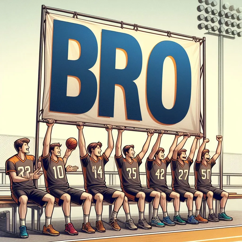A group of friends in matching jerseys cheer enthusiastically from the sidelines of a sports field, holding up a giant banner with the word "Bro" in bold letters, symbolizing their unity and camaraderie, prompting thoughts on "what does it mean when a guy calls you bro?