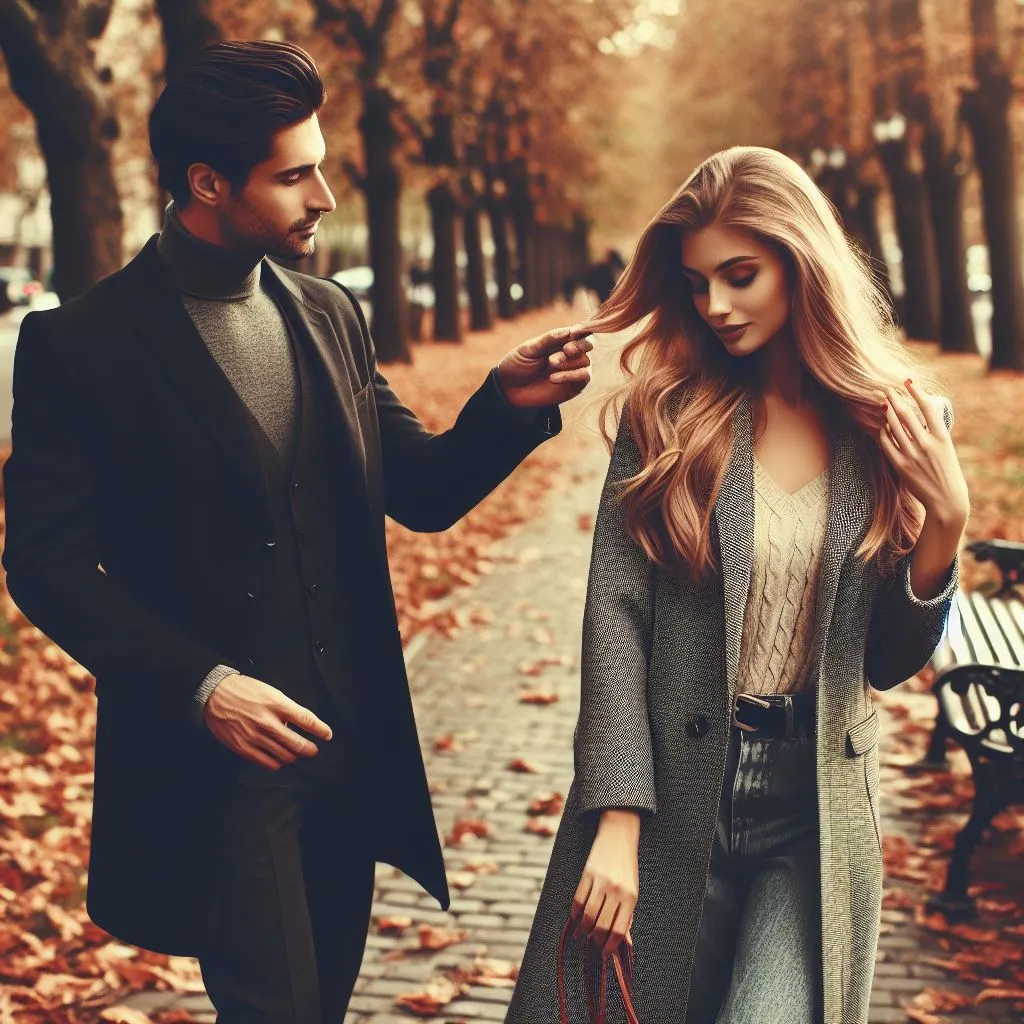 Amidst a serene park scene with delicate autumn foliage, a lovely mid-thirties couple stroll hand in hand, the man gently brushing a stray strand of hair away from his partner's face, prompting thoughts on "What does it mean when a guy touches your hair?