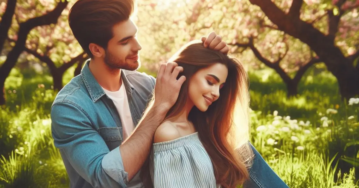 A loving couple enjoys a romantic picnic outdoors on a checkered blanket amidst vibrant greenery and blooming flowers. The boyfriend tenderly strokes his girlfriend's hair, expressing affection and intimacy. What Does It Mean When a Guy Strokes Your Hair?