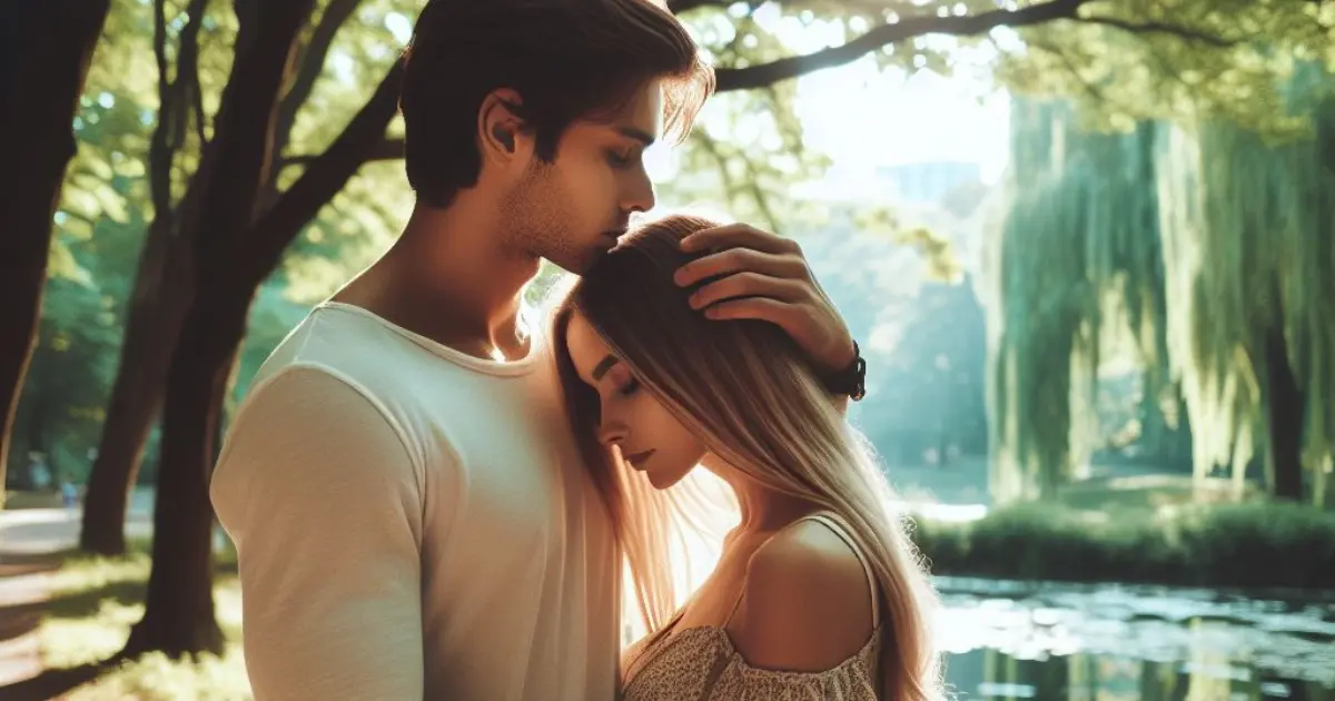 A couple walking through a serene park, with the boyfriend tenderly stroking his girlfriend's head by a tranquil pond, expressing affection in the peaceful setting. What does it mean when a guy strokes your head?
