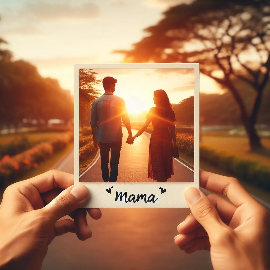 A couple takes a romantic walk through a serene park at dusk, with the boyfriend affectionately calling his girlfriend "Mama" as they admire the sunset, pondering the significance of "what does it mean when a guy calls you mama?