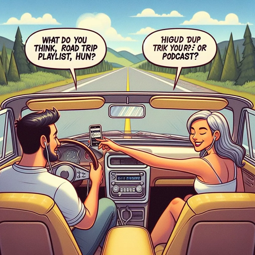 A couple drives down a scenic highway, with the boyfriend affectionately calling his girlfriend "Hun" while discussing their road trip entertainment options.