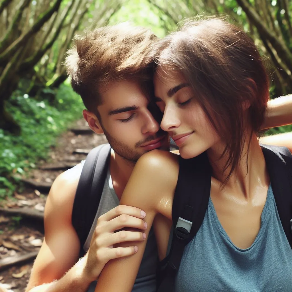 A couple resting on a hiking course, the character subtly smells the girl's armpits amidst lush greenery. What does it endorse at the same time as a person smells your armpits?