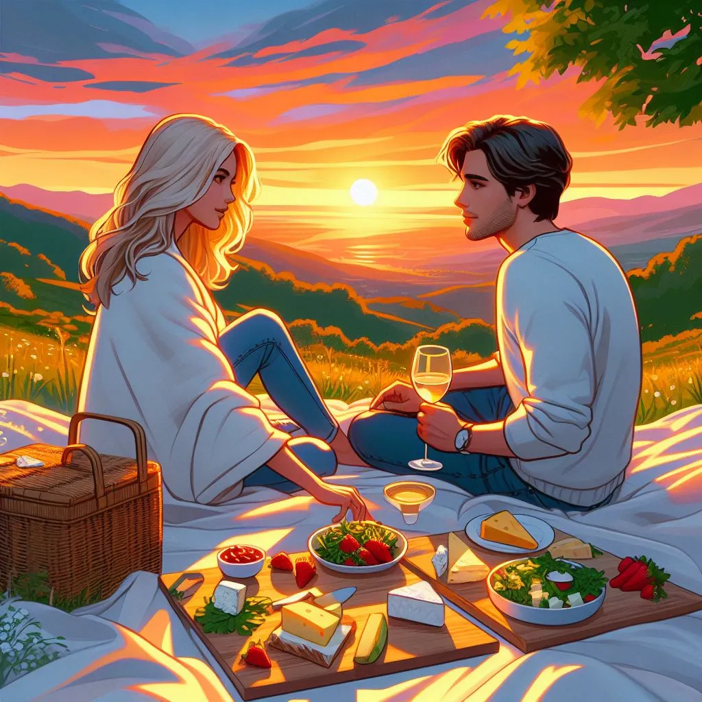 B and her partner enjoy a romantic picnic on a verdant hillside, with him affectionately calling her "B" against the backdrop of a stunning sunset, sparking thoughts on "what does it mean when a guy calls you B?