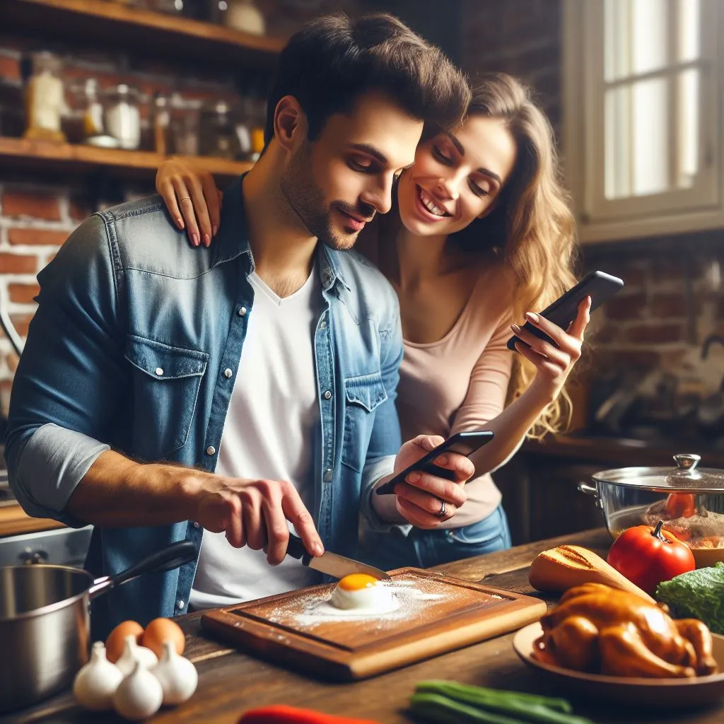 In the kitchen, a man is engaged in cooking while texting his girlfriend, prompting thoughts on "what does it mean when a guy texts you every day.