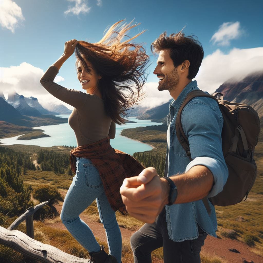 Amidst a breathtaking landscape with distant mountains and a clear blue sky, a mid-thirties couple hikes hand in hand. The man playfully tousles his girlfriend's hair at a scenic viewpoint, prompting thoughts on "What does it mean when a guy touches your hair?