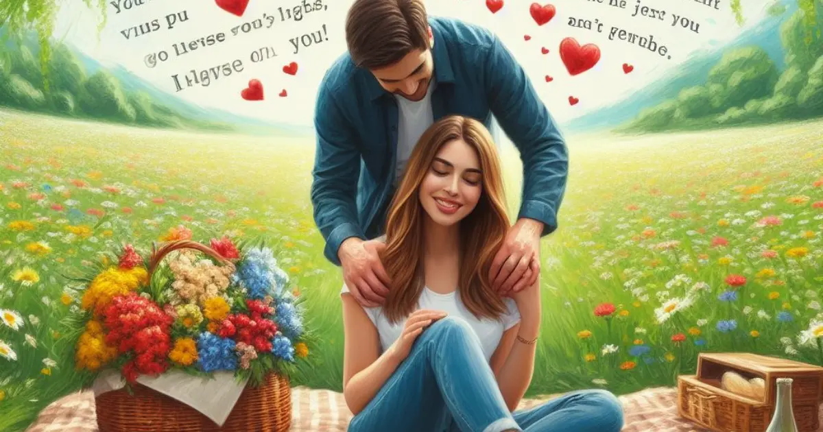 Amidst a lush green meadow adorned with colorful wildflowers, a couple enjoys a surprise picnic. The boyfriend affectionately squeezes his girlfriend's shoulder, sparking curiosity about "what does it mean when a guy touches your shoulder?