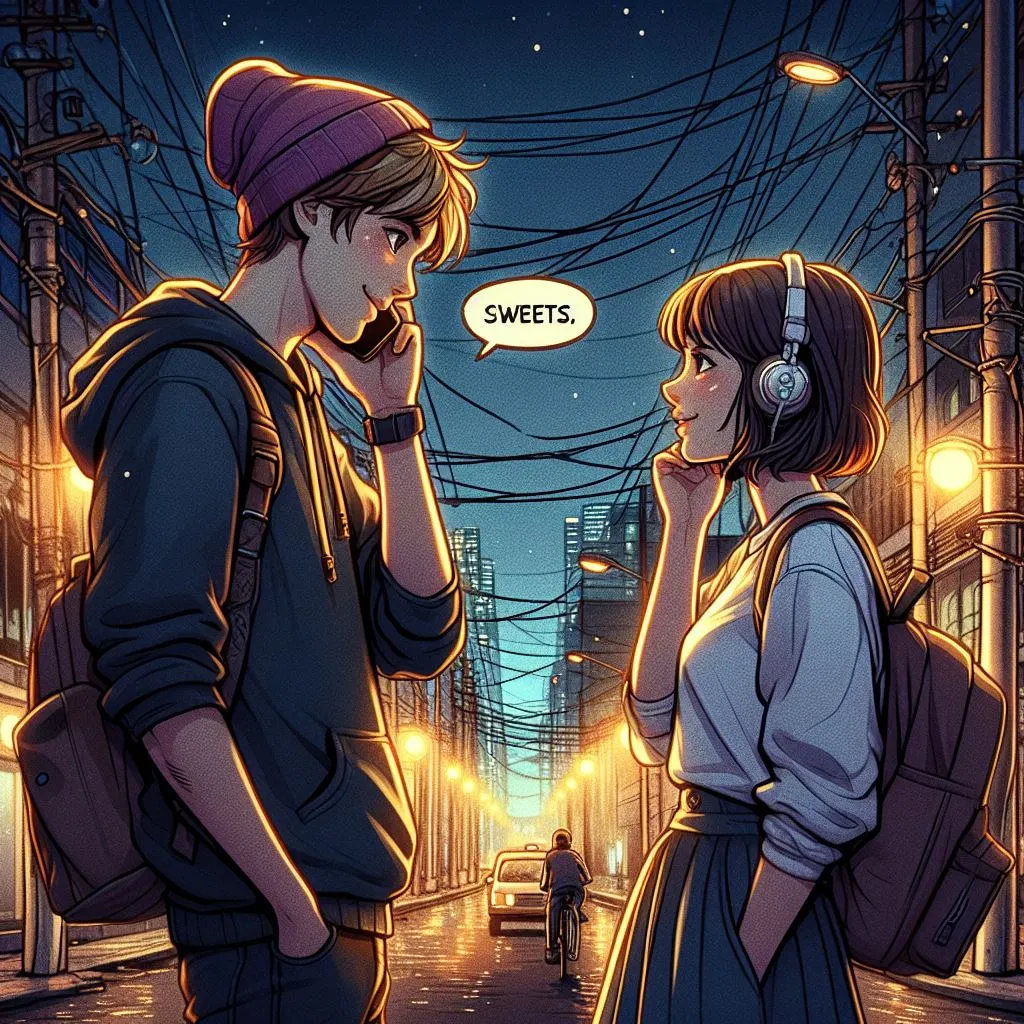 Amidst the urban glow, a tender moment unfolds – the boy calls the girl 'sweets,' sparking curiosity about 'what does it mean when a guy calls you sweets.'