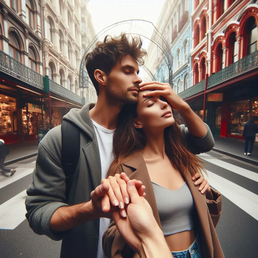 A couple exploring a new city, hand in hand, with the boyfriend pausing to stroke his girlfriend's head amidst the excitement of their adventure. 