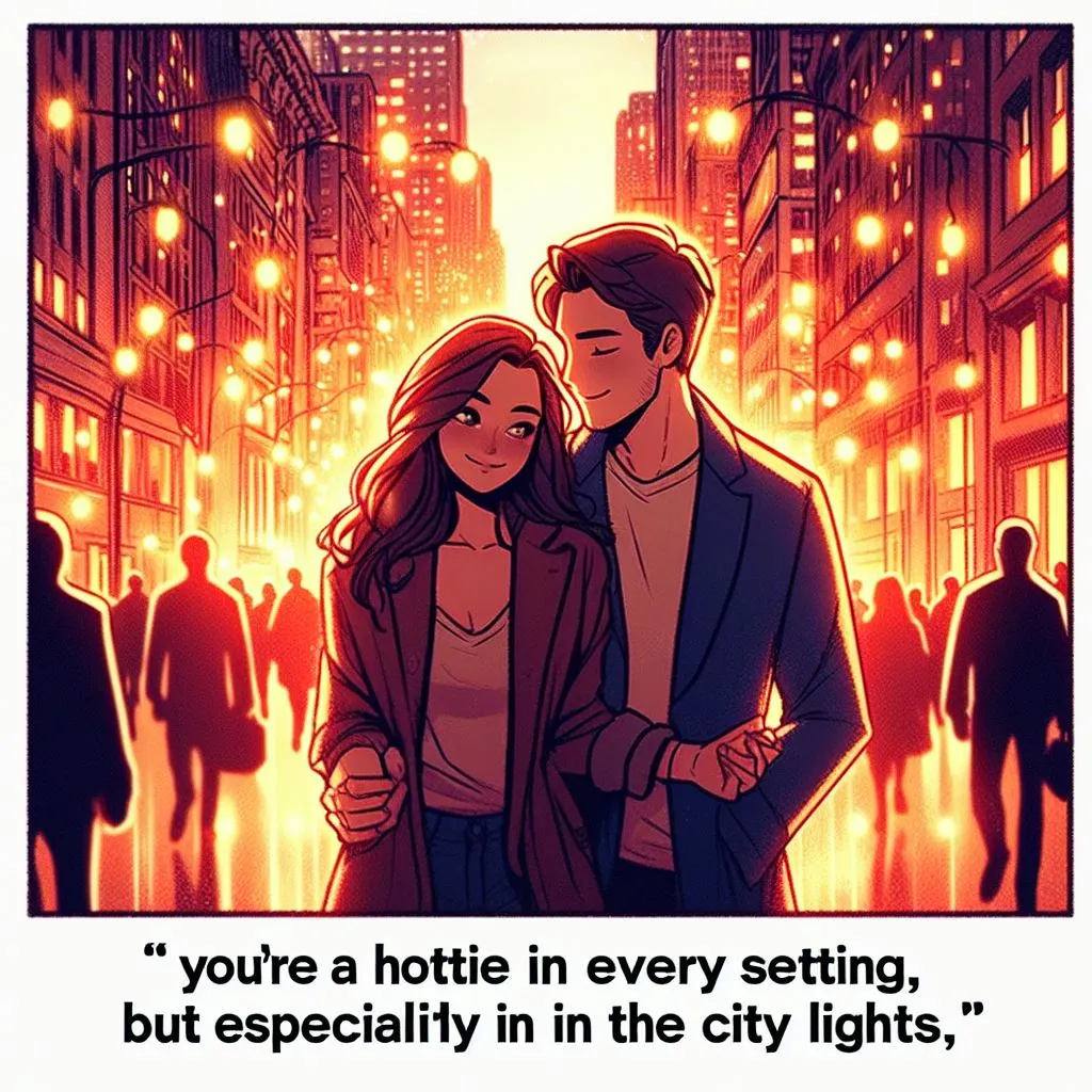 A couple walks hand in hand through city streets illuminated by glowing lights. The boyfriend compliments his girlfriend, calling her a "hottie in every setting, especially in the city lights," sparking curiosity about what it means when a guy calls you hottie.