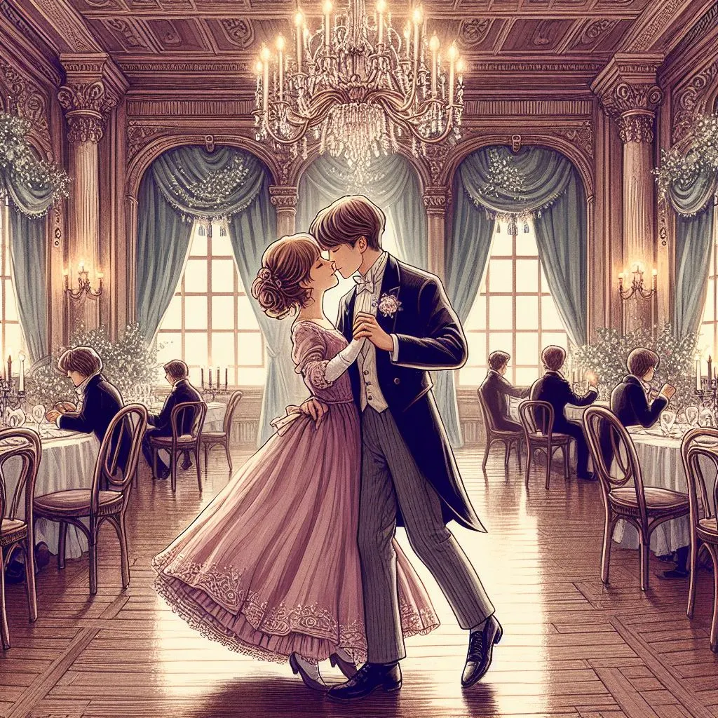 In an old-style ballroom, the couple waltzes on a grand floor, transported to a bygone technology. The boy's kiss and nibble on the lady's hand echo the beauty of a conventional love story, prompting the query: what does it imply when a guy bites your hand?
