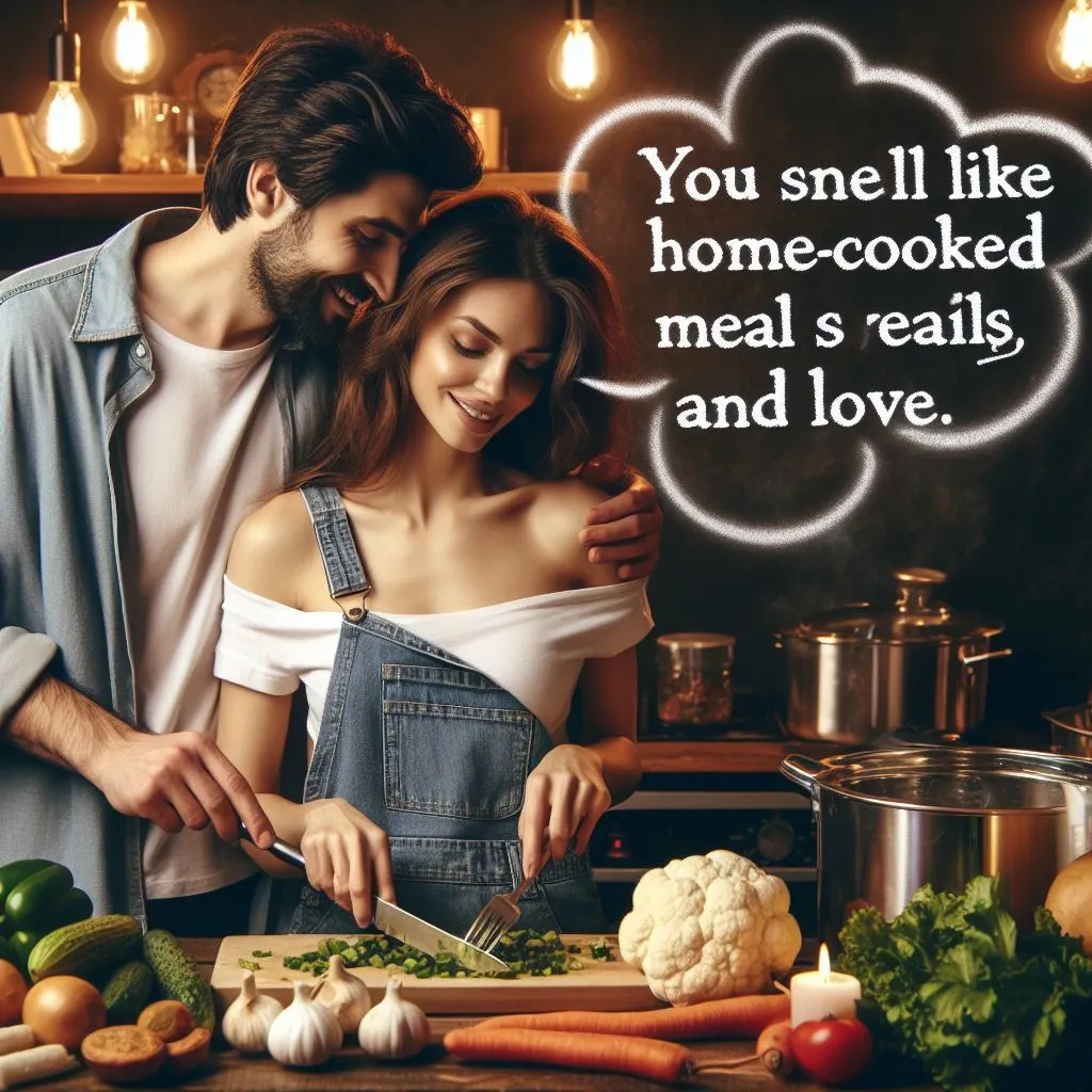 A couple cooks together in the kitchen, surrounded by delicious aromas. The boyfriend compliments the girlfriend's scent. What does it suggest whilst a guy compliments your heady scent?