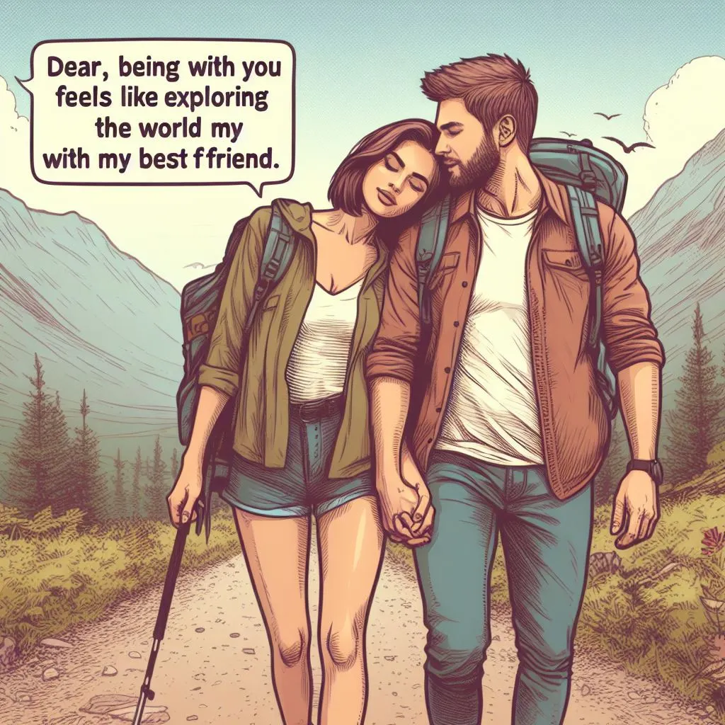A couple hikes hand in hand along a scenic trail. The man affectionately calls his girlfriend "dear" as they pause to admire the view, prompting thoughts on "what does it mean when a guy calls you dear.
