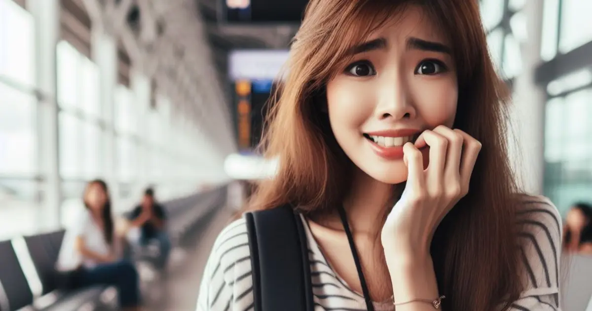 A 35-year-old cute girl waits eagerly at the airport gate, suitcase in hand, biting her lip with a mix of excitement and nervousness, prompting thoughts on "what does it mean when a girl bites her lip?