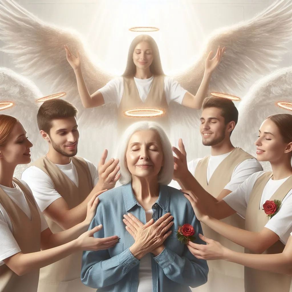 A volunteer at a charitable organization, surrounded by radiant angels, inspired by the user's mother-in-law in heaven, reflecting on "How Do You Say Happy Mother’s Day to My Mother-in-law in Heaven?