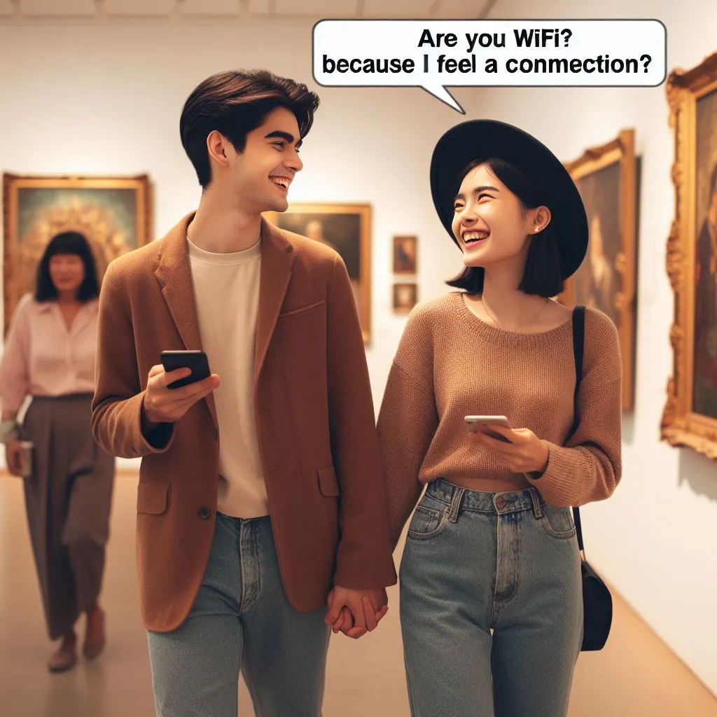 A couple explores an art gallery, admiring paintings. The boy jokes, "Are you wifi because I feel a connection?" to his girlfriend, eliciting laughter as they appreciate the art.