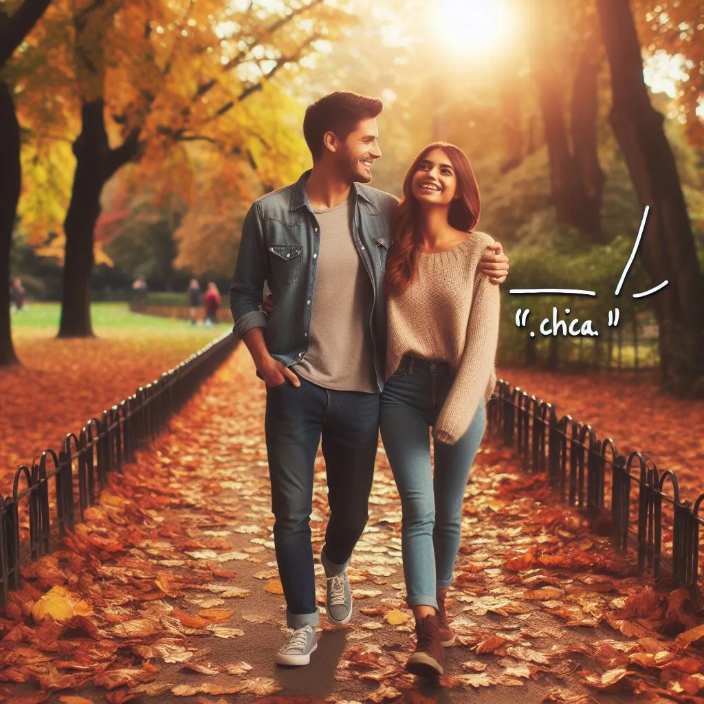A couple strolls hand in hand through a charming park as the fall foliage crunches under their boots.