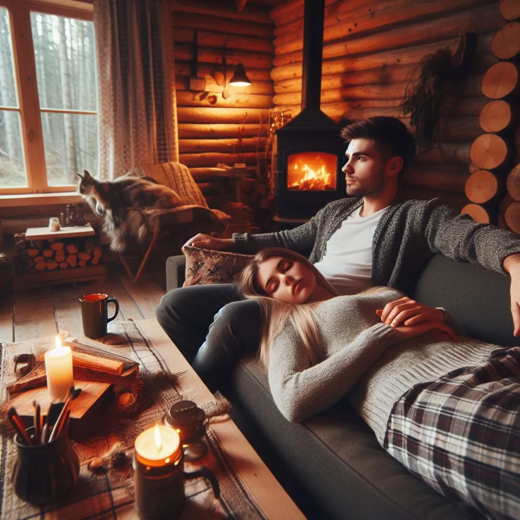 A couple relaxes in a cozy cabin, the boyfriend watches his girlfriend sleep.