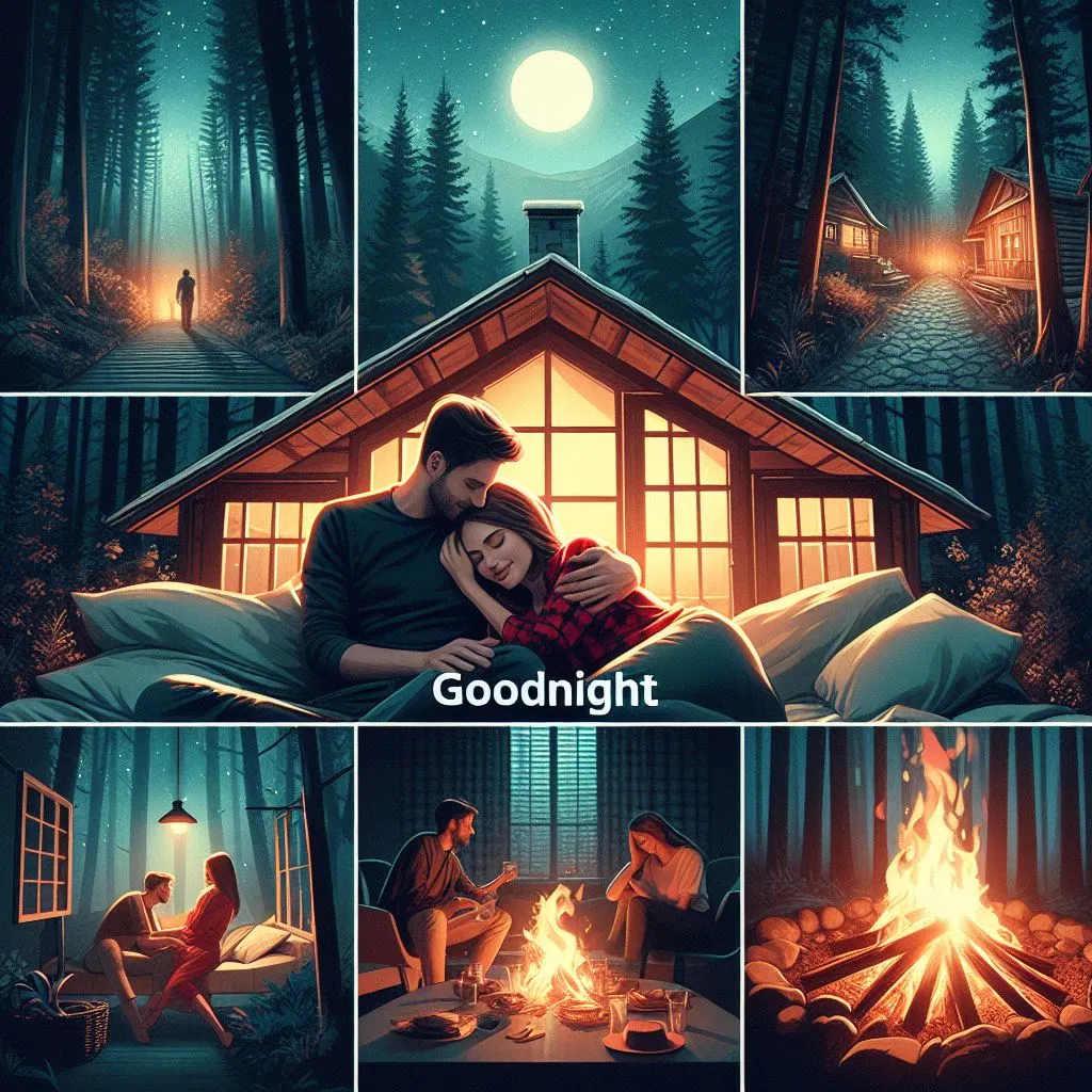 A couple enjoys a romantic weekend retreat in a secluded cabin. As they take a seat using the crackling hearth, the boyfriend wraps his hands around his female friend and whispers "goodnight" first.