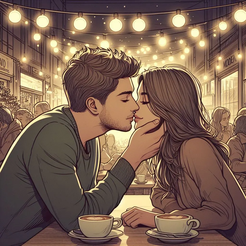 A couple sits in a cozy cafe, bathed in the warm glow of string lights. The man cups his girlfriend's face gently, planting a soft kiss on her lips, prompting thoughts on "what does it mean when a guy kisses you deeply?