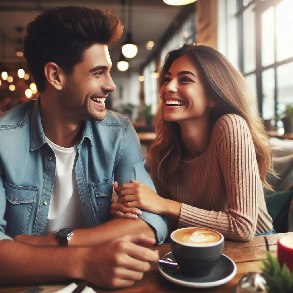 a cozy small café filled with the smells of freshly made coffee. while the female gives her boyfriend's arm a gentle pat.