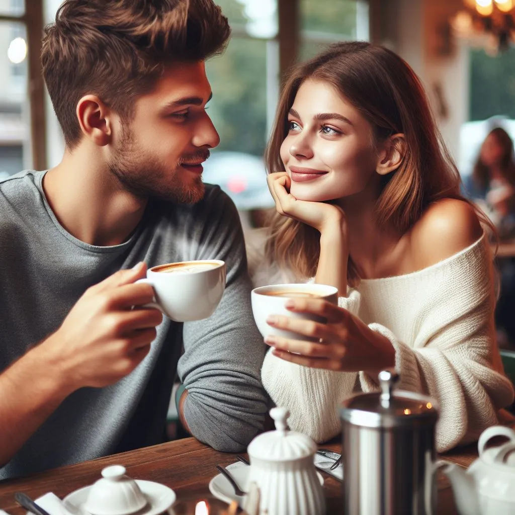 A couple sits cozily in a charming cafe, sipping steaming cups of coffee and engaging in deep verbal exchange. 
