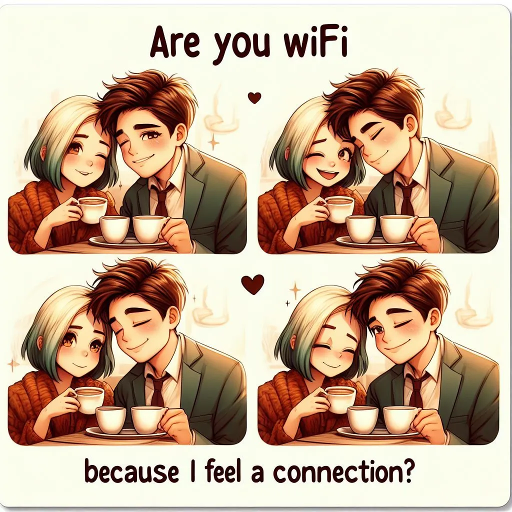 An attractive couple sits in a cozy cafe corner, enjoying coffee. The young man whispers, "Are you wifi because I feel a connection?" to his girlfriend, sparking a charming moment.