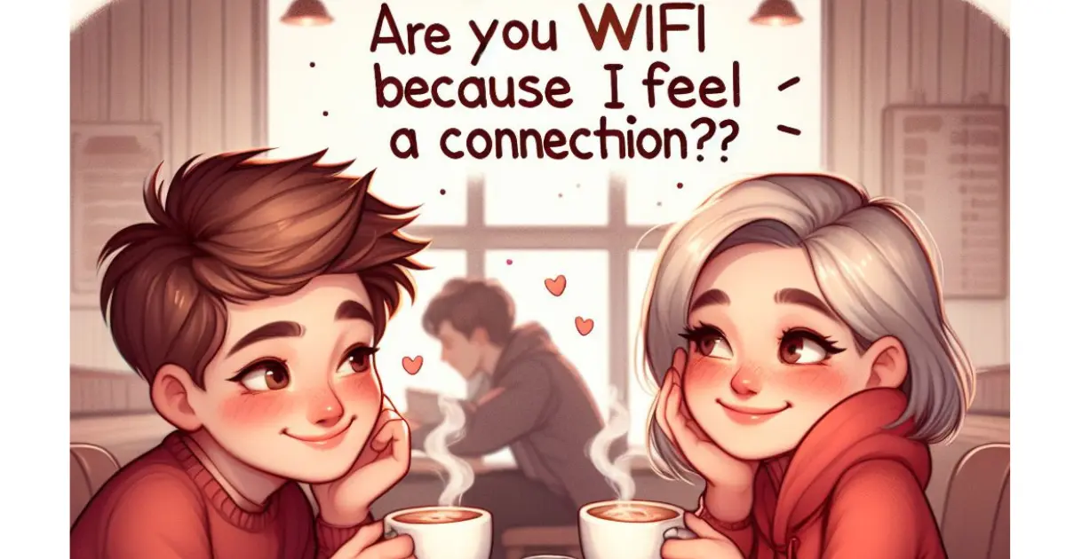 A couple enjoys coffee in a cozy cafe corner. The boy whispers, "Are you wifi because I feel a connection?" to his girlfriend, sparking a blush and a smile.