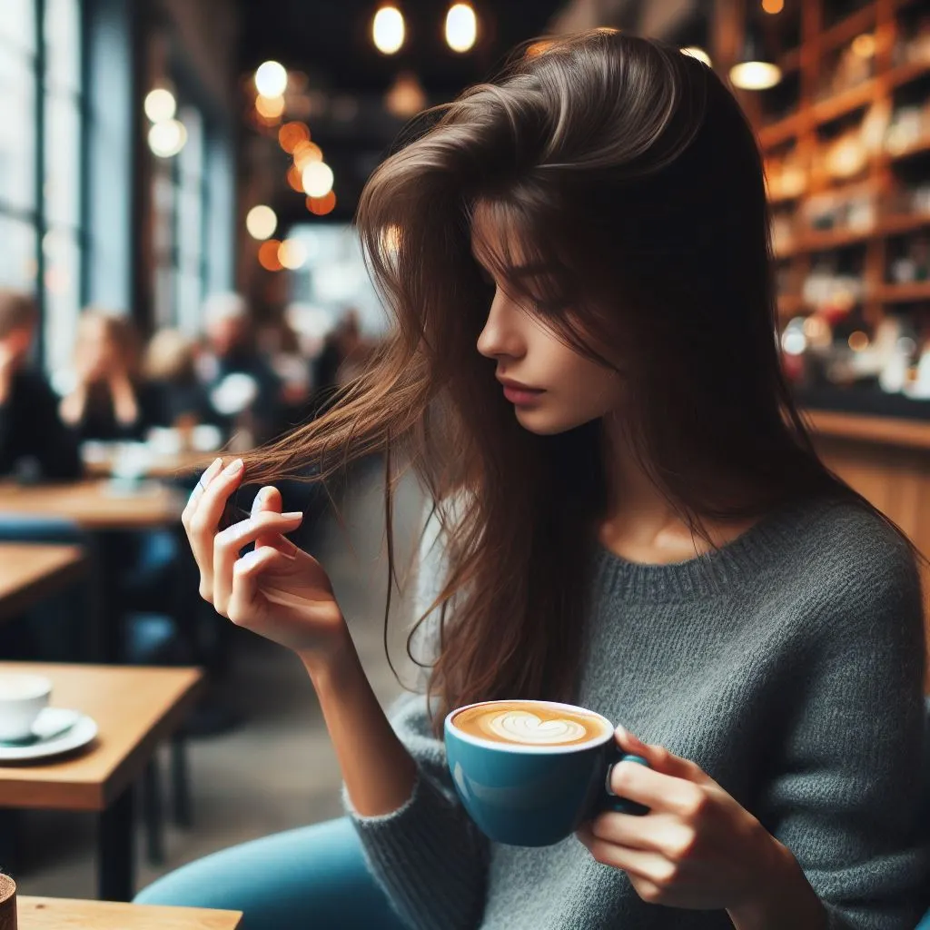 A woman sits alone in a cozy coffee shop, twirling a strand of hair, reflecting her contemplative mood.
