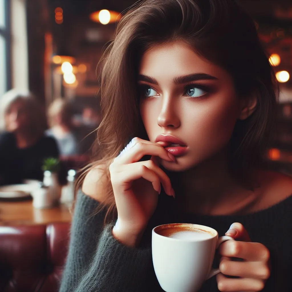 A girl sits alone at a cozy café, sipping coffee, lips slightly parted in anticipation as she bites her lower lip.