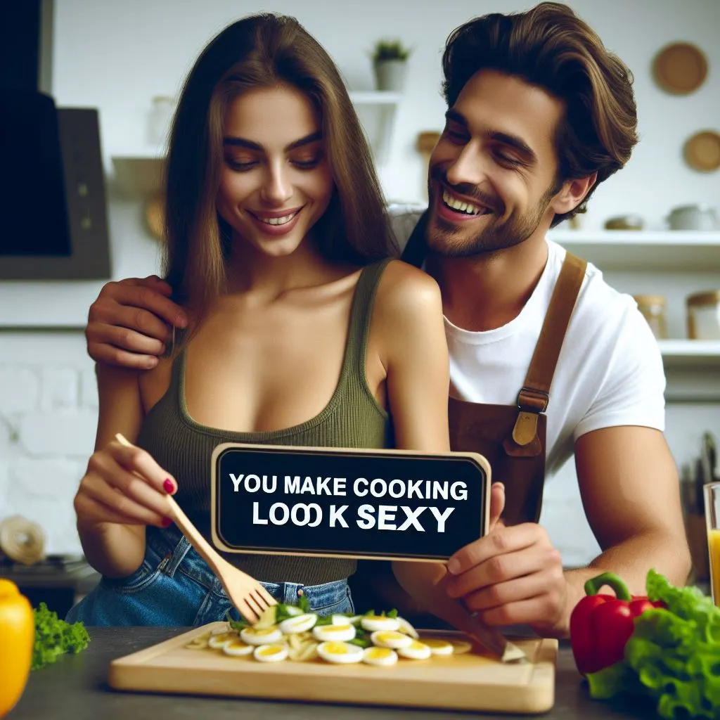 A couple shares a lighthearted moment in the kitchen as the boyfriend affectionately calls his girlfriend "sexy" during their cooking session.