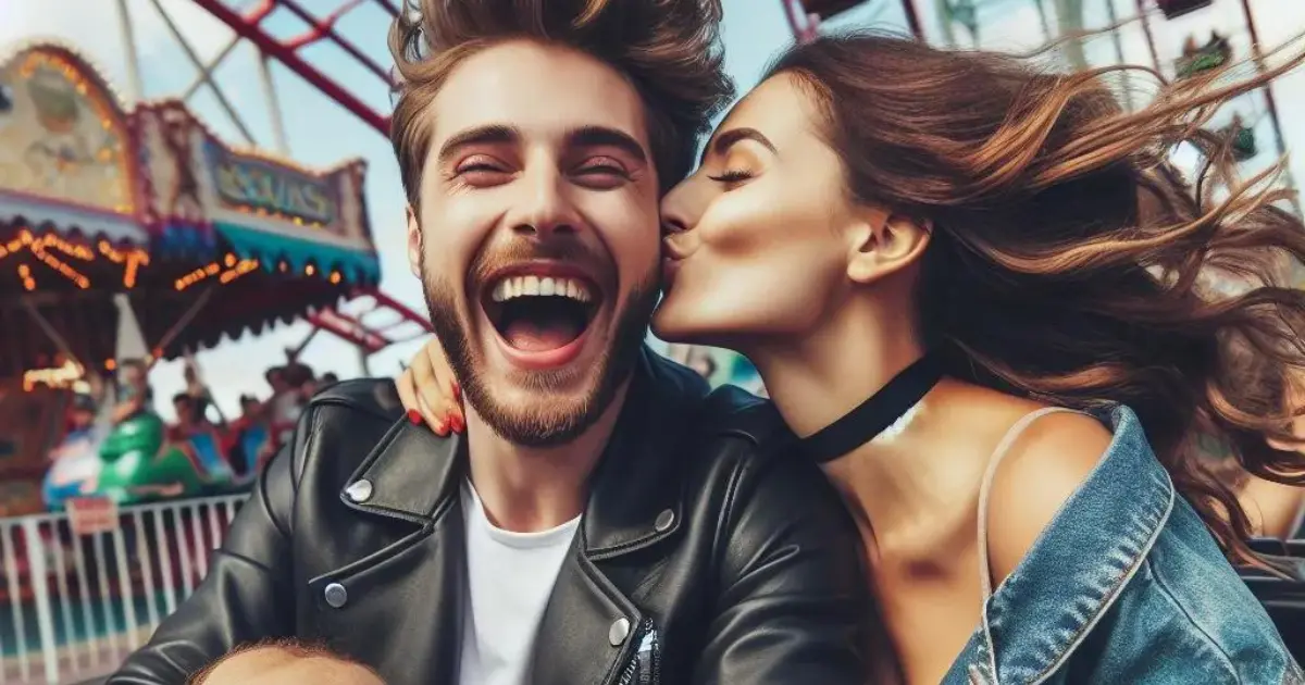 A couple enjoys an amusement park, where the woman kisses her boyfriend on the cheek, sparking thoughts on "what does it mean when a girl kisses you on the cheek?