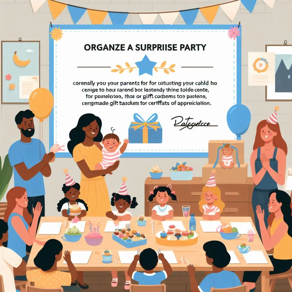 Daycare providers organize a surprise party for parents, expressing gratitude with personalized gift baskets and certificates. Learn how to write a thank you note from daycare provider to parents