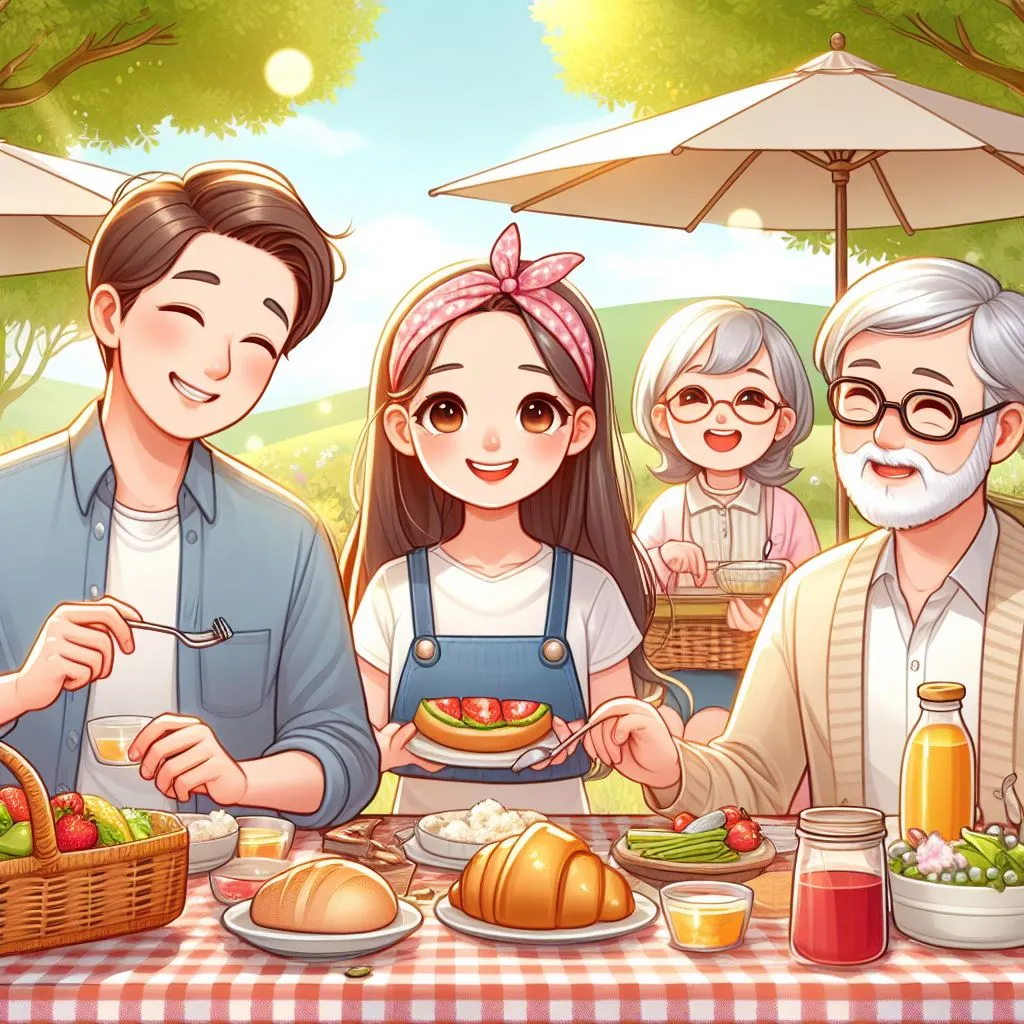 The cute girl, her husband, and his parents gather for a picnic on a sunny day, enjoying a meal amidst nature. The girl expresses gratitude, saying 