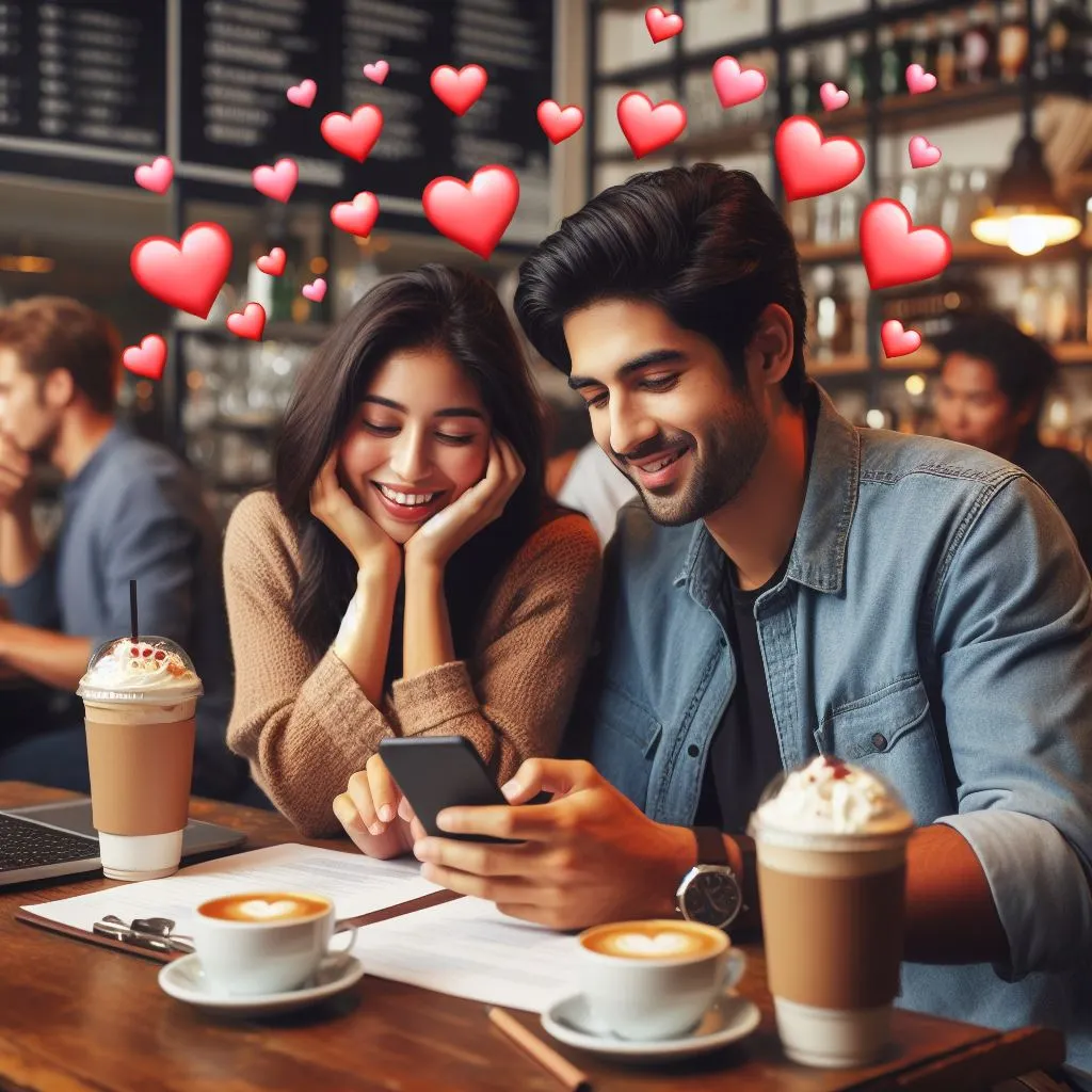 A couple sits in a bustling coffee shop, sipping on their favorite brews. The boyfriend's heart melts as he receives a sweet message from his girlfriend, prompting him to shower her with heart emojis.