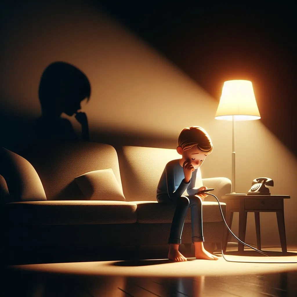  In a dimly lit living room, a boy sits on the couch nervously twirling his phone cord, contemplating "what do late night phone calls mean" as he prepares to confess his feelings to his girlfriend.