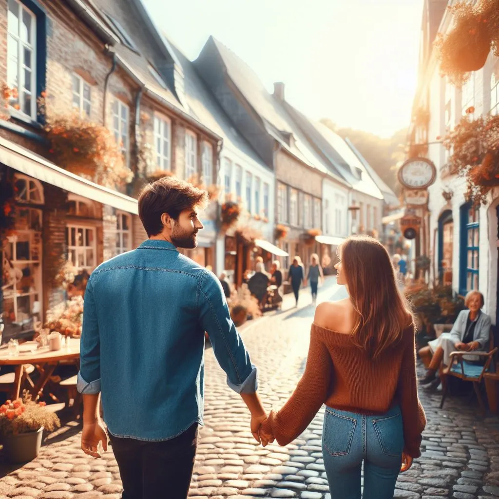 A couple explores an old-fashioned countryside city, hand in hand. 