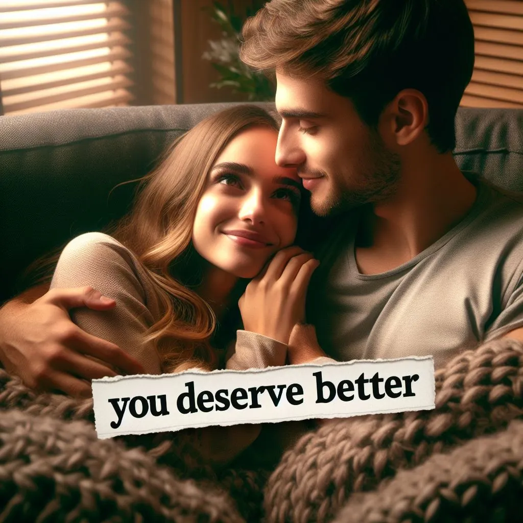 A couple snuggled on the sofa, wrapped in a blanket. The boyfriend murmurs, "You deserve higher,".