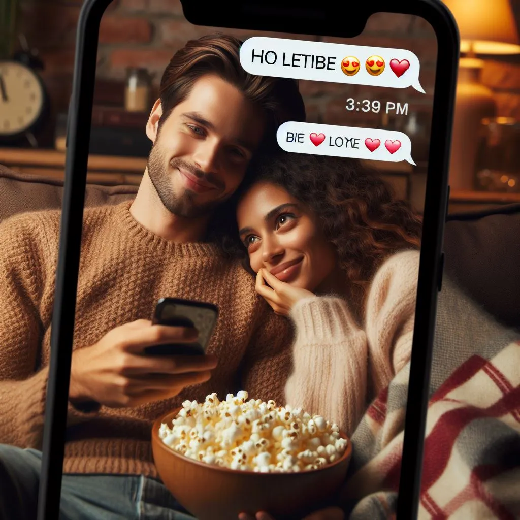 A couple snuggles on the sofa, enjoying a cozy nighttime in with popcorn. The boyfriend sends coronary heart emojis in reaction to his girlfriend's message approximately their movie night way of life, prompting the mind to "what does it mean whilst a man hearts your message?