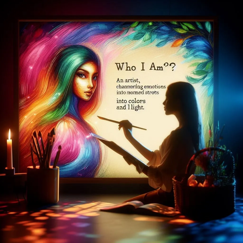 A girl sits at an easel, her hands deftly shaping vibrant hues into a masterpiece, pondering another way to express "what is another way to say who I am".