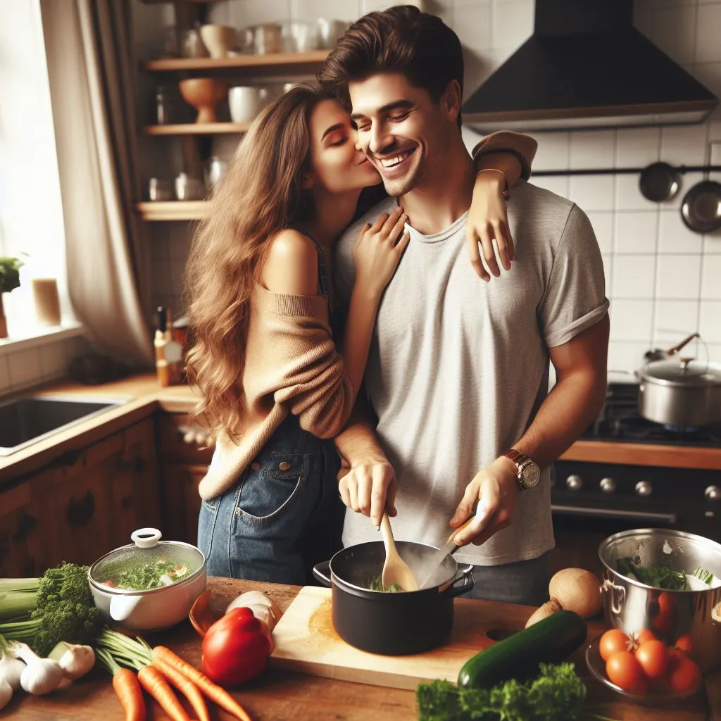 A couple enjoys cooking together in the kitchen, where the woman surprises her boyfriend with a kiss on the cheek.