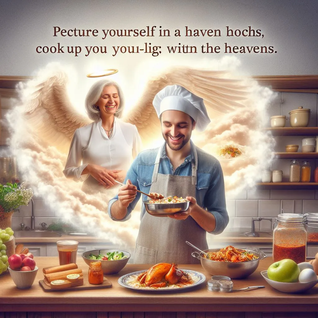 A heavenly kitchen filled with aromatic flavors and dishes, as the user prepares their mother-in-law's favorite meals with love and gratitude, pondering "How Do You Say Happy Mother’s Day to My Mother-in-law in Heaven?