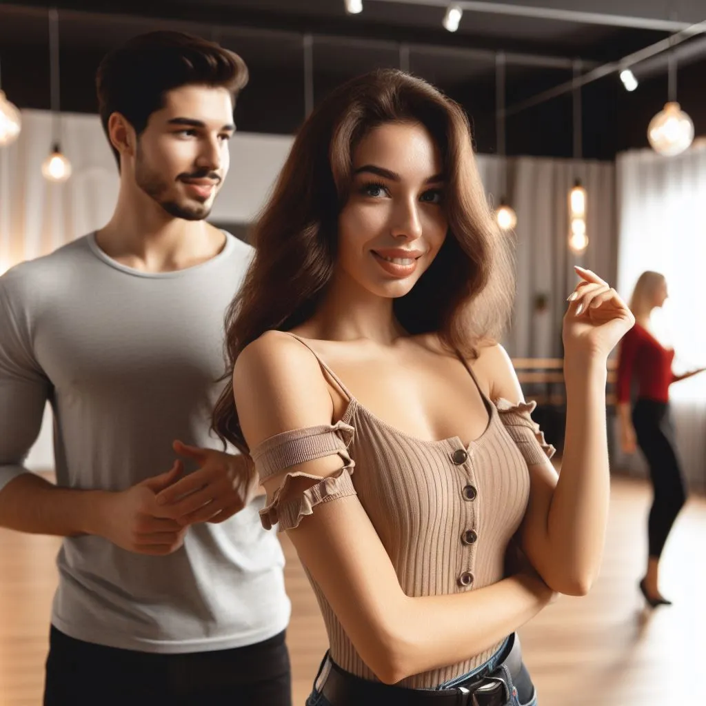 A couple at a dance class, learning a new routine together. 