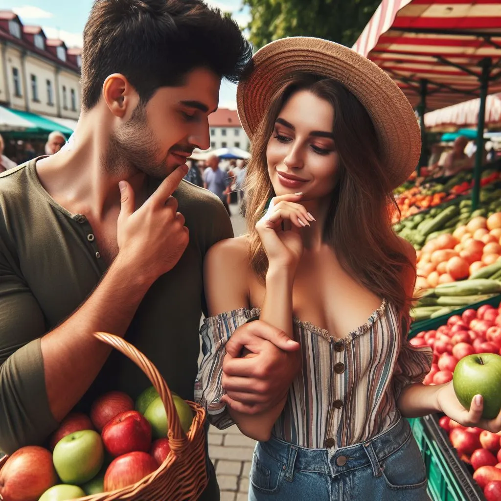 A pair strolls through a busy farmer's market holding hands. The boyfriend teasingly challenges his girlfriend about the taste of apples.