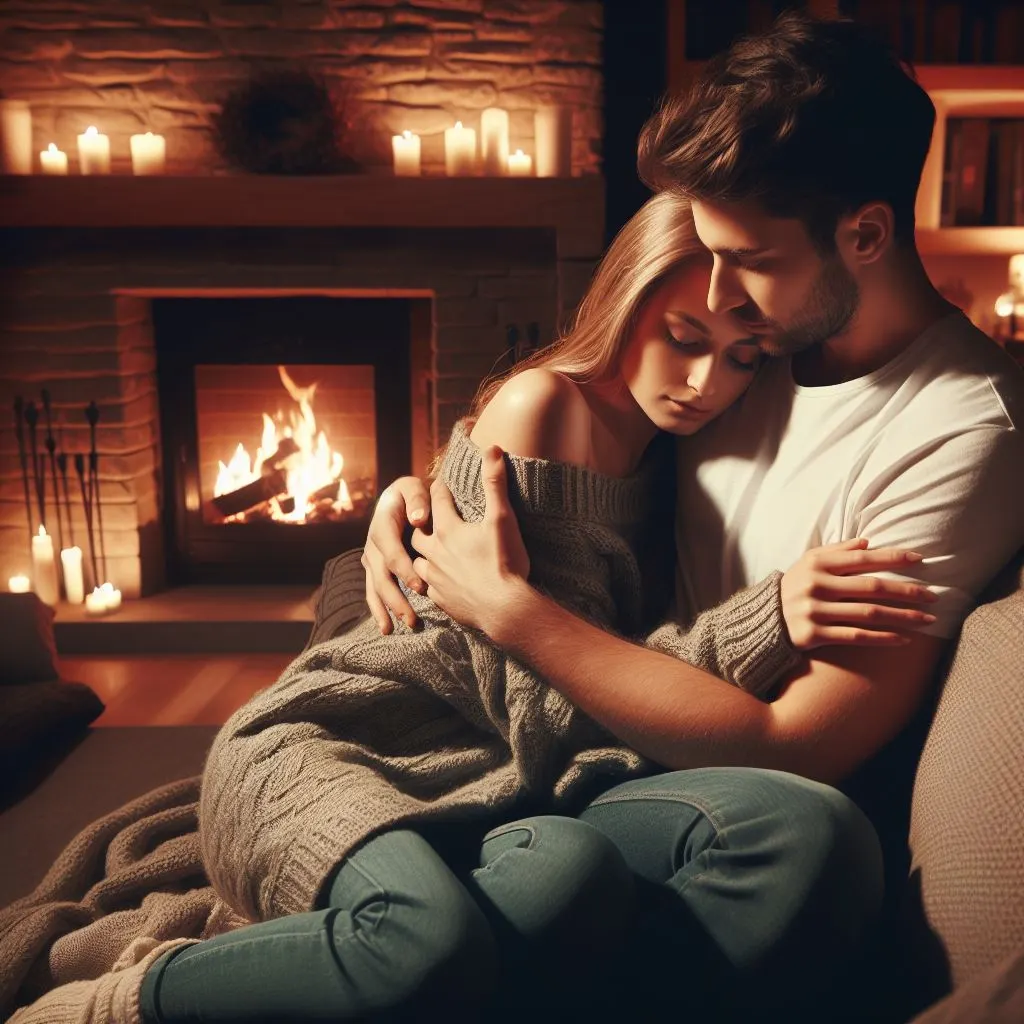 A relaxed residing room with a crackling hearth and gentle ambient lighting fixtures. The lady lovingly touches her boyfriend's arm as they cuddle on the sofa.