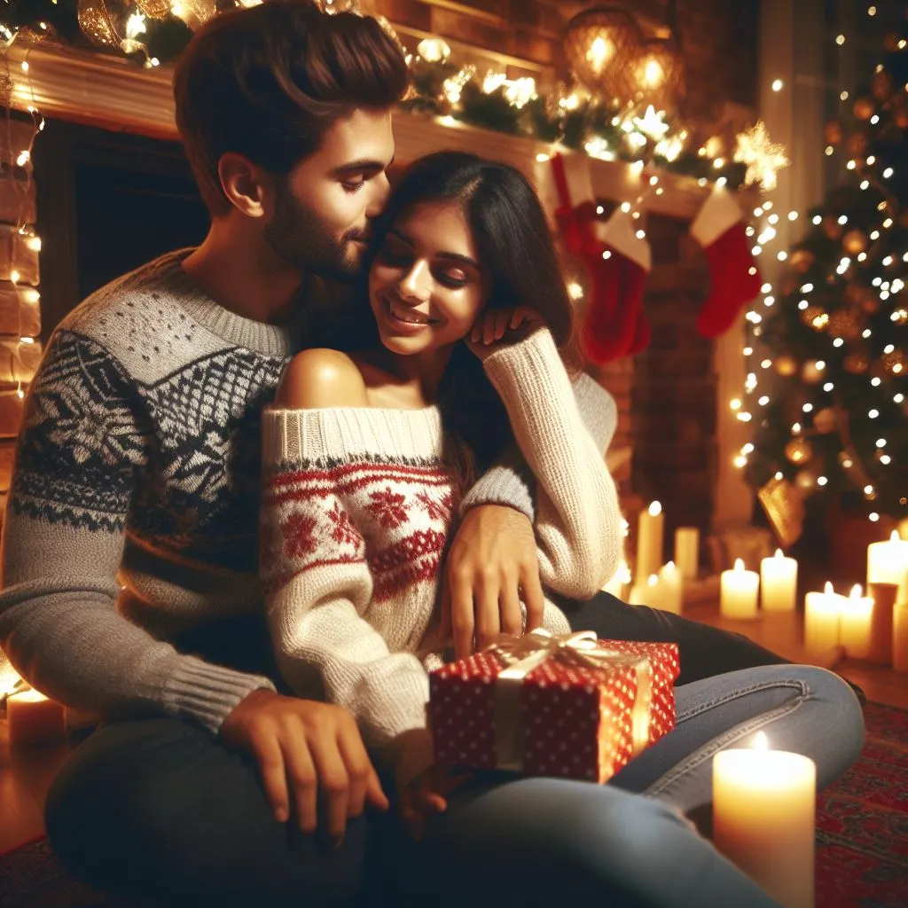 A couple sits by the fireplace, surrounded by festive decorations. The boyfriend whispers a secret message in his girlfriend's ear, his warm breath tickling her neck.