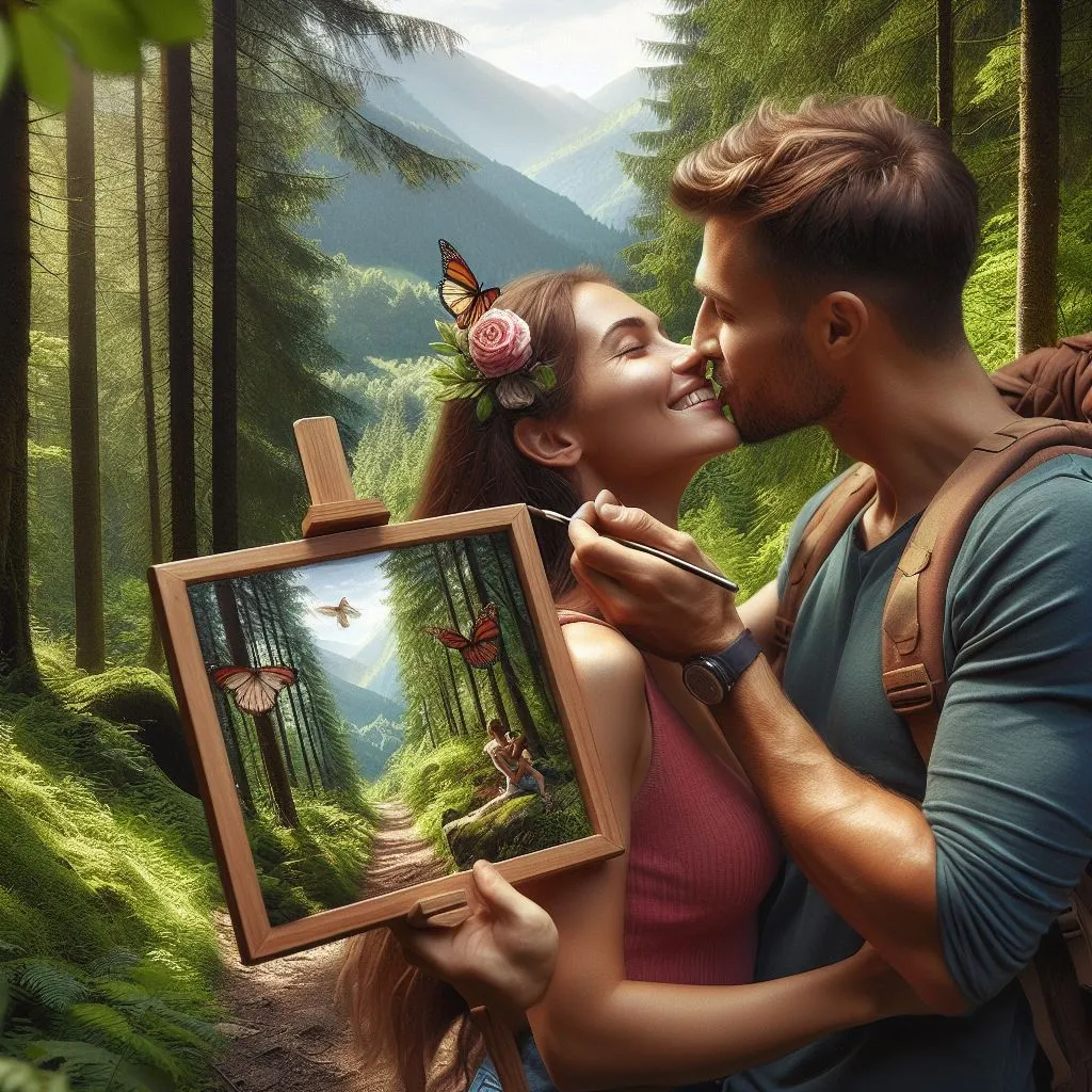A couple hikes through a lush forest, surrounded by the sounds of nature. The man pulls his girlfriend close, pressing his lips to hers, sparking thoughts on "what does it mean when a guy kisses you deeply?