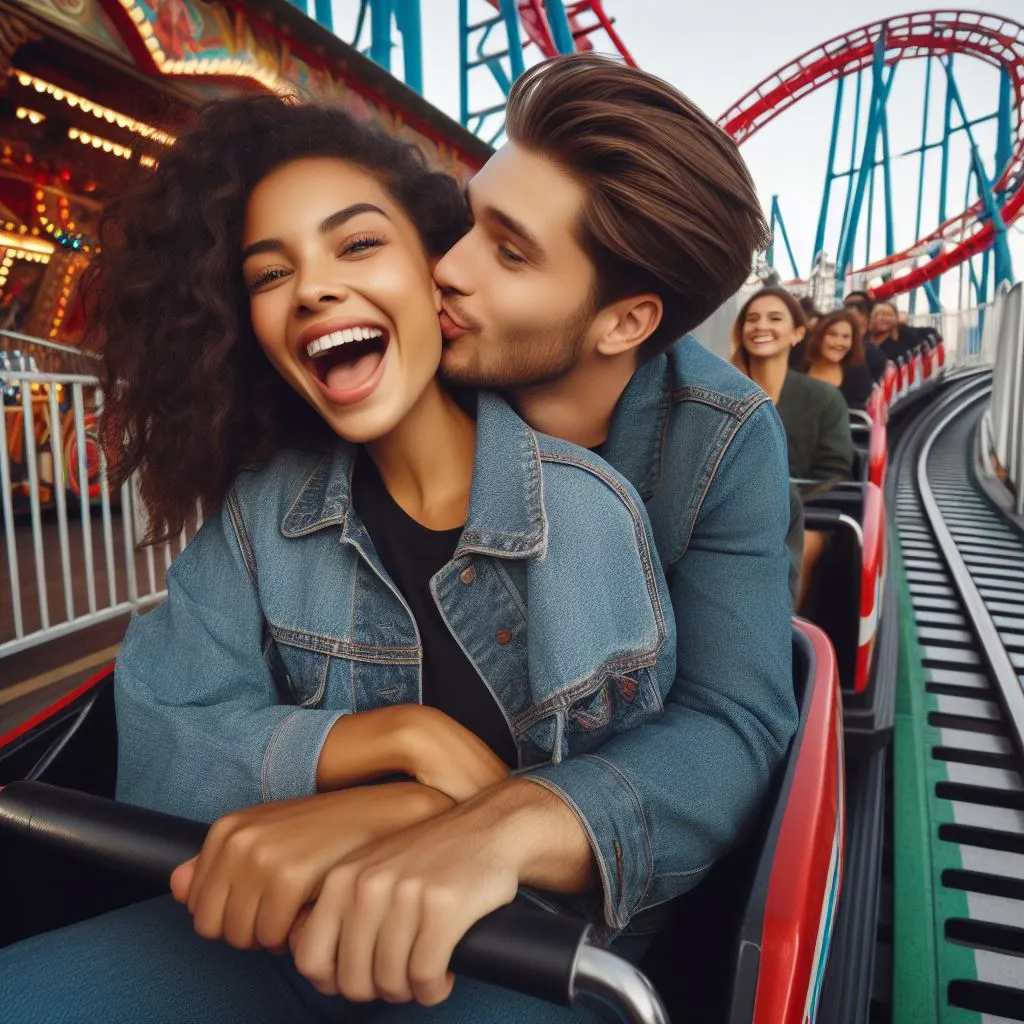 A couple enjoys rides and games at an amusement park. 