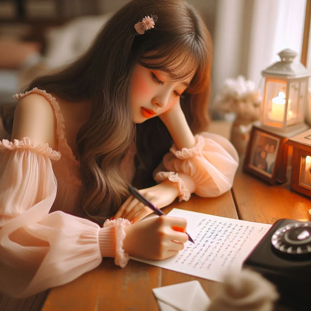 The cute girl sits at a cozy desk, writing a heartfelt letter to her parents in law and writing thank you for raising such a wonderful son