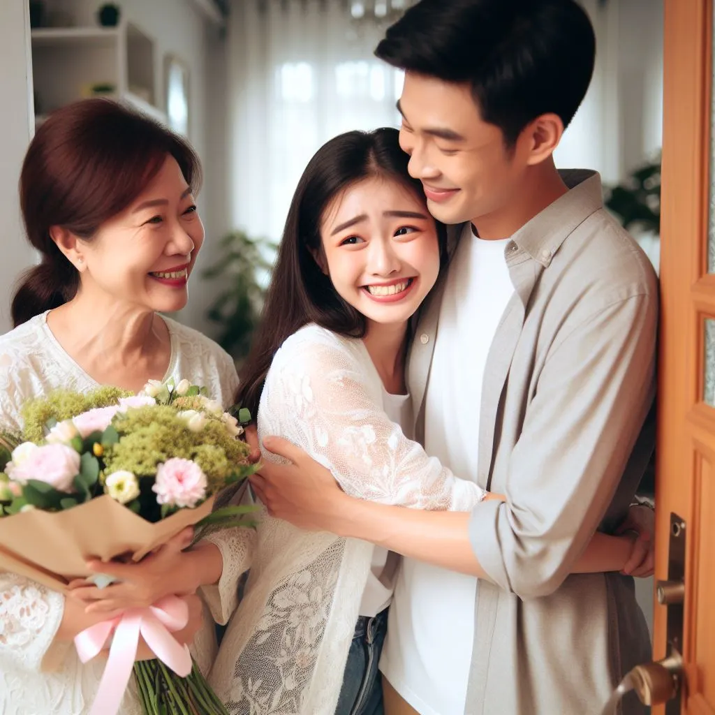 The husband's parents open the door to find the cute girl standing with a bouquet of flowers, surprising them. She embraces them tightly, expressing gratitude for raising such a wonderful son.